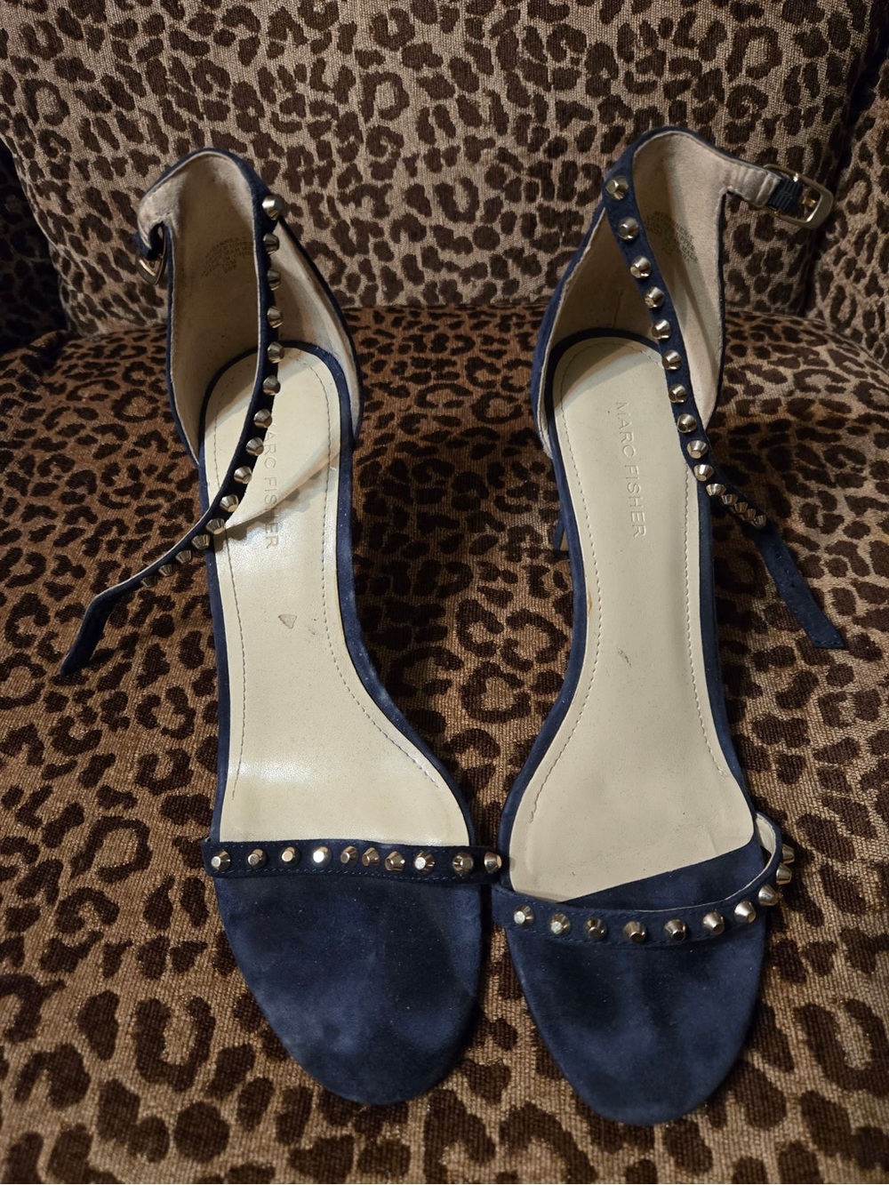 Marc Fisher Navy Suede Studded Ankle-Strap Sandals